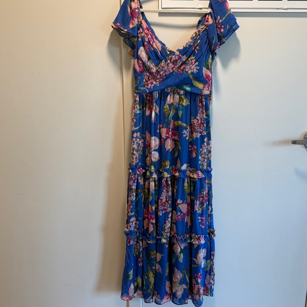 Aqua Blue Floral Ruffle-Tier Maxi Dress with Pink & Green Bouquet